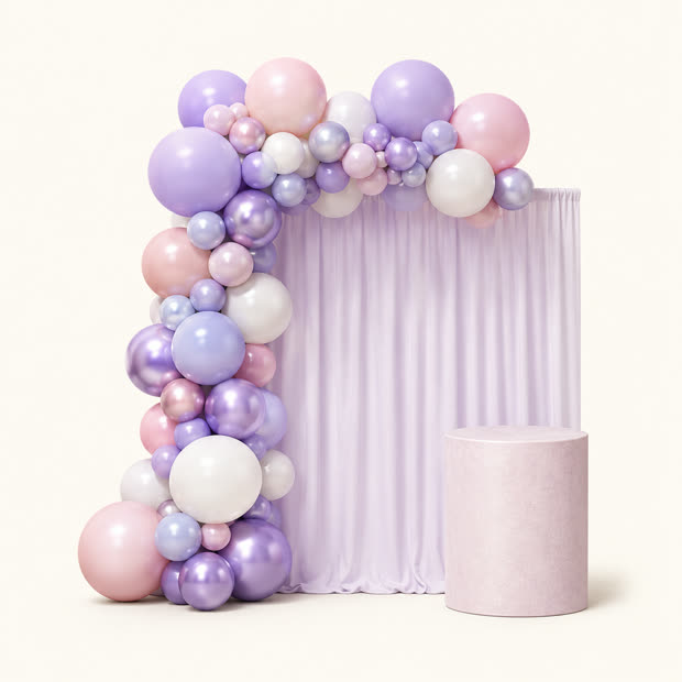 Balloon garland arch with a draped backdrop