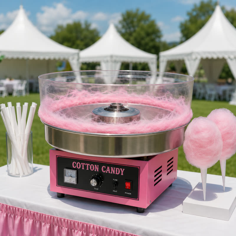 Pink cotton candy machine spinning fresh floss with finished cones beside it