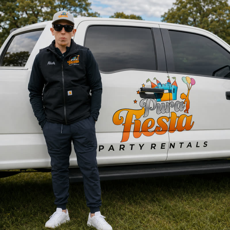 Pura Fiesta team member standing with the branded delivery truck in King of Prussia, PA