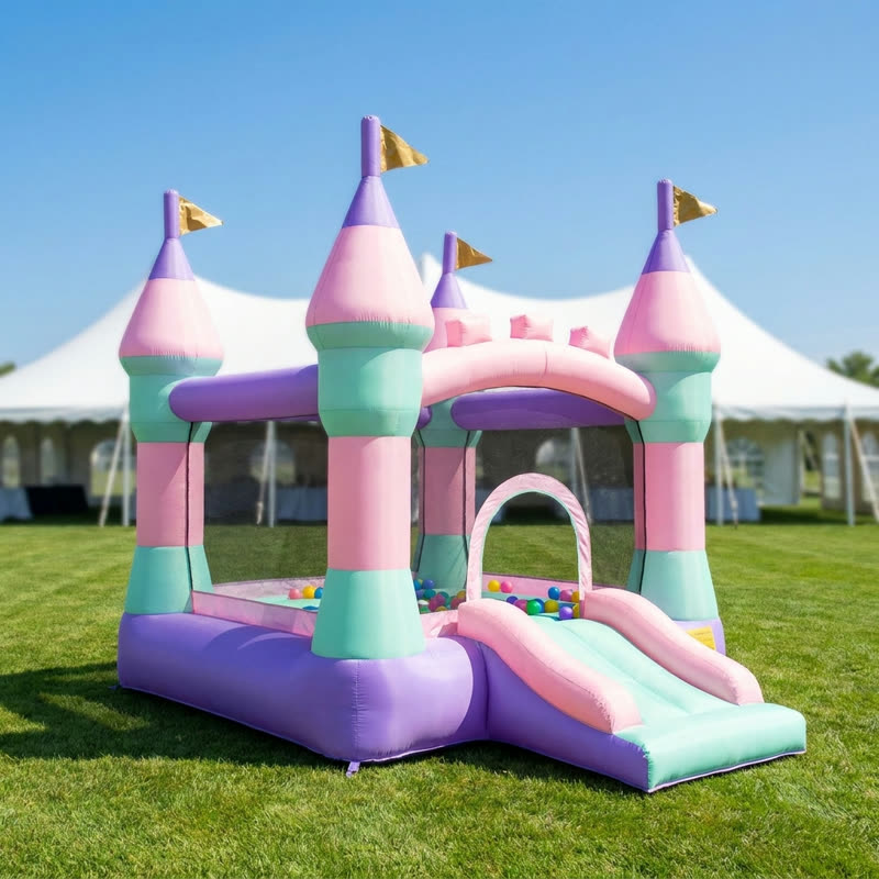 Pastel pink and purple princess castle bounce house with turrets and a small slide