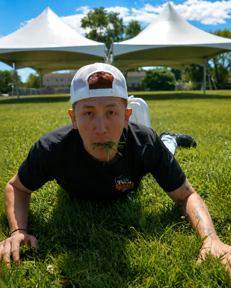 Rich of Pura Fiesta KOP goofing around face-down on the lawn with a mouthful of grass, party tents behind him